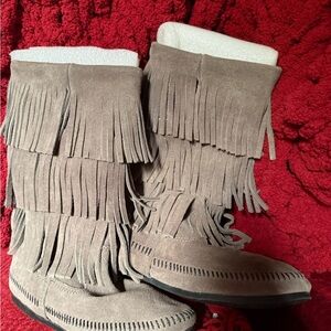 Minnetonka Fringe Moccasin Boots - Taupe